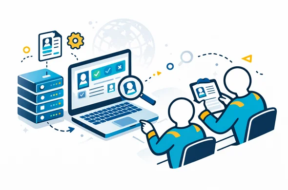Flat isometric vector of a digital visa office engine, laptop and server elements analyzing scanned documents, alongside abstract faceless professionals reviewing them, deep blue and turquoise with warm yellow highlights, clean lines, safe efficient atmosphere, minimalist white and grey background with faint globe outline. Flat isometric vector of a digital visa office engine, laptop and server elements analyzing scanned documents, alongside abstract faceless professionals reviewing them, deep blue and turquoise with warm yellow highlights, clean lines, safe efficient atmosphere, minimalist white and grey background with faint globe outline.