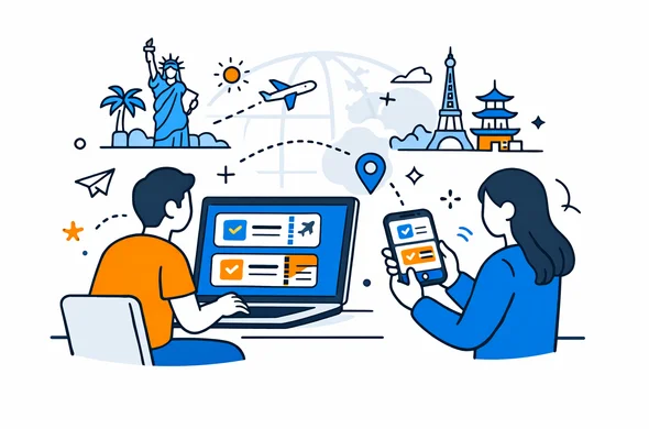 Isometric flat vector illustration of a secure digital hub for travel documents, deep blue and turquoise interface with subtle yellow and blue accent elements representing multiple destinations, abstract faceless characters viewing visa approvals and flight tickets on laptop and smartphone, calm organized efficient atmosphere, minimalist white and grey background with faint globe and mixed famous landmarks outline