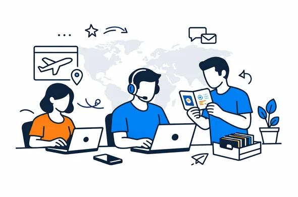 Flat vector illustration of a modern digital support center for an online visa office called Aid-Air, abstract faceless characters working on laptops and checking passports, deep blue and turquoise primary colors with subtle purple accent for a global hub, calm efficient atmosphere, minimalist white and grey background with a faint outline of a world map, isometric tech style