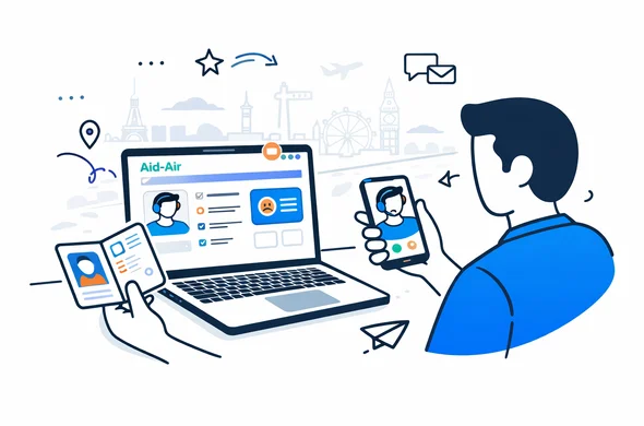 Semi flat 2D vector illustration of a customer contacting an online visa support team on laptop and smartphone, Aid-Air style interface visible on the screen, deep blue and turquoise primary colors with subtle purple accent for a global hub, abstract faceless characters holding a passport and a phone, calm and organized atmosphere, minimalist white and grey background with a faint skyline of global landmarks, modern tech look