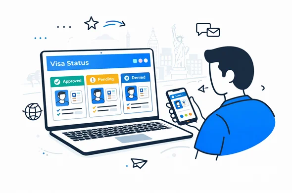 Flat vector illustration of a calm digital visa status dashboard shown on laptop and smartphone, deep blue and turquoise UI, yellow and blue accent elements, faceless abstract character checking application status, minimalist white background with subtle line-art silhouettes of global landmarks like Eiffel Tower and Statue of Liberty, modern tech, isometric style, clean lines