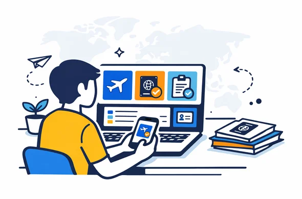 Flat vector illustration of a modern personal account dashboard for a digital visa service, deep blue and turquoise interface, accent yellow and light blue for a global travel hub, abstract faceless character viewing status cards and documents on a laptop and smartphone, calm efficient atmosphere, minimalist white background with a faint world map silhouette in the back, isometric style Flat vector illustration of a modern personal account dashboard for a digital visa service, deep blue and turquoise interface, accent yellow and light blue for a global travel hub, abstract faceless character viewing status cards and documents on a laptop and smartphone, calm efficient atmosphere, minimalist white background with a faint world map silhouette in the back, isometric style