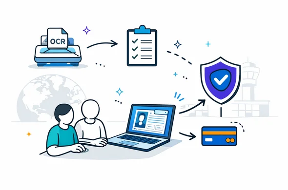 Flat/semi-flat vector illustration with clean lines, modern tech vibe, isometric scene of an AI-assisted visa processing workflow: abstract faceless neutral characters reviewing a passport scan on a laptop, a floating checklist UI, a document scanner/OCR icon, and a large shield icon representing security. Color palette deep blue and turquoise with hub accent purple highlights. Minimal white/grey background with faint globe outline silhouette and subtle airport terminal outline. Calm, organized, efficient, safe. Not photorealistic, no text.