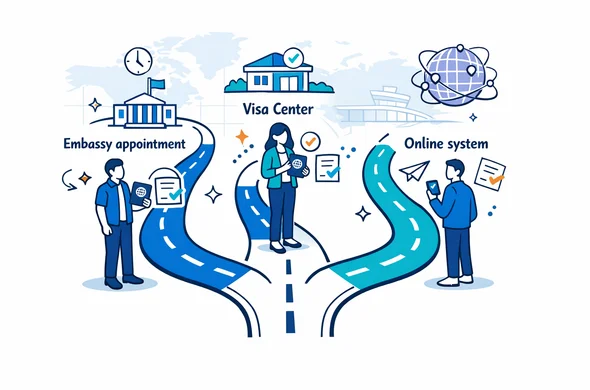 Flat semi-vector tech illustration, clean lines, modern isometric style. A three-lane roadmap showing: Embassy appointment, Visa Center, Online system. Faceless neutral characters holding passports and phones, small document icons, checkmarks, clock icons. Primary palette deep blue and turquoise (Aid-Air brand), accent color for HUB/global: soft violet. Minimal white/grey background with faint world map grid silhouette and subtle airport terminal outline. Calm, organized, efficient atmosphere, no photorealism. Flat semi-vector tech illustration, clean lines, modern isometric style. A three-lane roadmap showing: Embassy appointment, Visa Center, Online system. Faceless neutral characters holding passports and phones, small document icons, checkmarks, clock icons. Primary palette deep blue and turquoise (Aid-Air brand), accent color for HUB/global: soft violet. Minimal white/grey background with faint world map grid silhouette and subtle airport terminal outline. Calm, organized, efficient atmosphere, no photorealism.