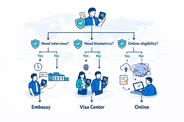 Isometric flat vector decision tree infographic. Nodes: Need interview? Need biometrics? Online eligibility? Outputs: Embassy, Visa Center, Online. Faceless neutral characters with passports and documents, checklists, arrows, and shield icons. Deep blue and turquoise primary palette, HUB/global accent soft violet. Minimal light grey background with faint world map silhouette. Calm, organized, safe, modern tech feel. Isometric flat vector decision tree infographic. Nodes: Need interview? Need biometrics? Online eligibility? Outputs: Embassy, Visa Center, Online. Faceless neutral characters with passports and documents, checklists, arrows, and shield icons. Deep blue and turquoise primary palette, HUB/global accent soft violet. Minimal light grey background with faint world map silhouette. Calm, organized, safe, modern tech feel.