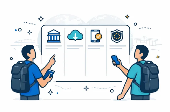 Flat or semi-flat vector illustration, clean lines, modern tech dashboard, light isometric perspective. Scene: a comparison panel with four vertical columns, each represented by an icon set: embassy building for visa, cloud download for eVisa, phone with checkmark for ETA/ESTA/eTA, shield with stars for ETIAS. Abstract faceless characters point at the panel while holding a passport and a phone. Primary colors deep blue and turquoise. Accent color golden yellow for a global travel hub theme. Background minimalist white and light grey with a faint airport terminal silhouette and a subtle globe outline. Atmosphere calm, tidy, safe. No readable text, no flags, no logos, not photorealistic. Flat or semi-flat vector illustration, clean lines, modern tech dashboard, light isometric perspective. Scene: a comparison panel with four vertical columns, each represented by an icon set: embassy building for visa, cloud download for eVisa, phone with checkmark for ETA/ESTA/eTA, shield with stars for ETIAS. Abstract faceless characters point at the panel while holding a passport and a phone. Primary colors deep blue and turquoise. Accent color golden yellow for a global travel hub theme. Background minimalist white and light grey with a faint airport terminal silhouette and a subtle globe outline. Atmosphere calm, tidy, safe. No readable text, no flags, no logos, not photorealistic.
