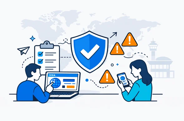 Flat or semi-flat vector illustration, modern tech feel, clean lines, isometric 2D. Deep blue and turquoise palette with a subtle violet accent for a global hub theme. Abstract faceless characters reviewing a visa website on laptop and phone, large shield icon, checklist, warning triangle icons. Calm organized atmosphere. Minimalist light grey background with a faint world map outline and subtle airport terminal silhouette. No photorealism. Flat or semi-flat vector illustration, modern tech feel, clean lines, isometric 2D. Deep blue and turquoise palette with a subtle violet accent for a global hub theme. Abstract faceless characters reviewing a visa website on laptop and phone, large shield icon, checklist, warning triangle icons. Calm organized atmosphere. Minimalist light grey background with a faint world map outline and subtle airport terminal silhouette. No photorealism.