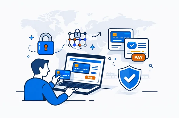 Flat semi-flat vector illustration, clean lines, modern fintech vibe, isometric 2D. Deep blue and turquoise palette with subtle violet accent. Abstract faceless character paying online on a laptop, floating lock and encryption icons, secure payment gateway UI cards, shield badge, calm organized atmosphere. Minimalist light grey background with faint world map outline. No photorealism. Flat semi-flat vector illustration, clean lines, modern fintech vibe, isometric 2D. Deep blue and turquoise palette with subtle violet accent. Abstract faceless character paying online on a laptop, floating lock and encryption icons, secure payment gateway UI cards, shield badge, calm organized atmosphere. Minimalist light grey background with faint world map outline. No photorealism.