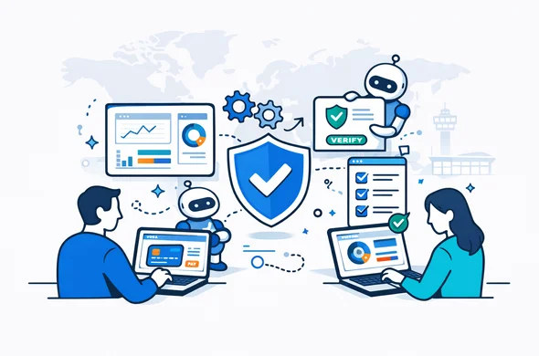 Flat or semi-flat vector illustration, clean lines, modern tech operations feel, isometric 2D. Deep blue and turquoise palette with subtle violet accent. Abstract faceless analysts and automation bots working together: dashboards, gear icons, document verification stamps, shield and checklist. Calm organized efficient atmosphere. Minimalist light grey background with faint world map outline and subtle airport control tower silhouette. No photorealism. Flat or semi-flat vector illustration, clean lines, modern tech operations feel, isometric 2D. Deep blue and turquoise palette with subtle violet accent. Abstract faceless analysts and automation bots working together: dashboards, gear icons, document verification stamps, shield and checklist. Calm organized efficient atmosphere. Minimalist light grey background with faint world map outline and subtle airport control tower silhouette. No photorealism.