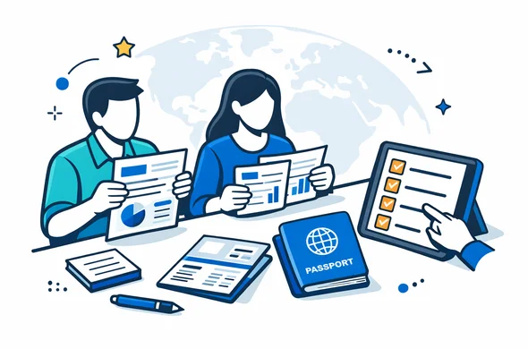 Flat or semi-flat vector illustration, modern tech feel, clean lines, isometric desk scene. Abstract faceless characters reviewing visa financial documents: a bank statement, payslips, passport, and a checklist on a tablet. Primary palette deep blue and turquoise (Aid-Air brand), accent color for HUB: golden yellow highlights on buttons and checkmarks. Calm, organized, efficient atmosphere. Minimal white/grey background with a faint outline of a globe/world map silhouette. No photorealism, no text, no logos. Flat or semi-flat vector illustration, modern tech feel, clean lines, isometric desk scene. Abstract faceless characters reviewing visa financial documents: a bank statement, payslips, passport, and a checklist on a tablet. Primary palette deep blue and turquoise (Aid-Air brand), accent color for HUB: golden yellow highlights on buttons and checkmarks. Calm, organized, efficient atmosphere. Minimal white/grey background with a faint outline of a globe/world map silhouette. No photorealism, no text, no logos.
