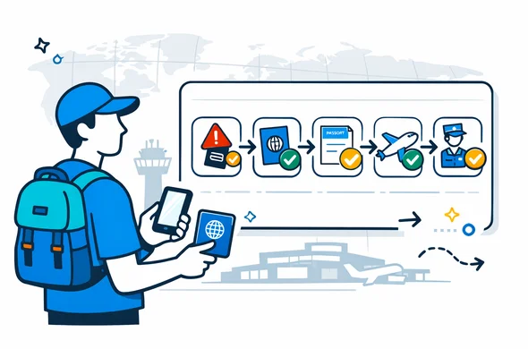 Flat vector isometric illustration, deep blue and turquoise Aid-Air brand palette with electric yellow accent (global hub theme). Abstract faceless traveler holding a passport and smartphone. A clean UI dashboard shows a step by step roadmap with icons: lost passport alert, new passport issuance, visa update or reissue, airline check, border approval. Minimal white and light grey background with a faint silhouette of a busy international airport hub, control tower, and subtle world map grid. Calm organized safe atmosphere, clean lines, semi flat vector, not photorealistic.