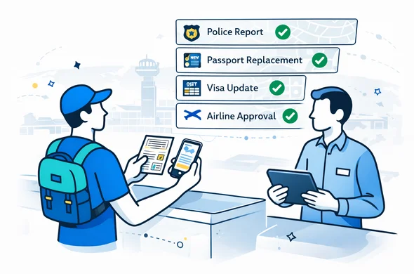 Flat vector isometric illustration, deep blue and turquoise Aid-Air brand palette with electric yellow accent (global hub theme). Abstract faceless traveler at an airport service counter, holding a temporary travel document and smartphone. A calm expert helper stands nearby with a tablet. Floating UI panels show an automated checklist: police report, passport replacement, visa update, airline approval. Minimal white and light grey background with faint airport hub silhouette and world map grid. Clean lines, modern tech feel, safe and organized atmosphere, not photorealistic.