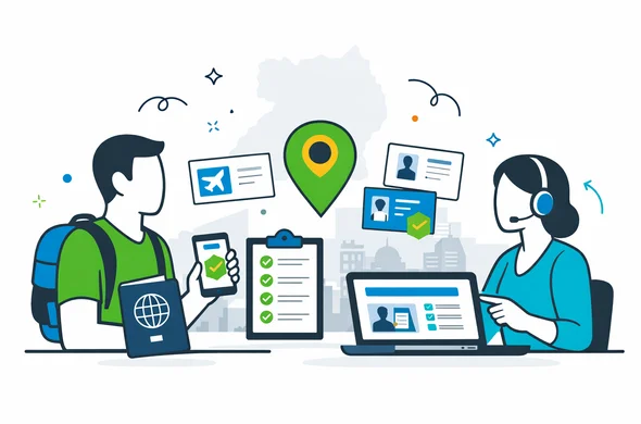 Flat or semi-flat vector illustration, clean lines, modern tech feel, 2D website hero scene. A faceless traveler and a digital visa advisor review Uganda entry options on a laptop and smartphone, with passport, checklist, map pin of Uganda, and document cards. Deep blue and turquoise Aid-Air palette with vivid green accent inspired by Uganda nature. Calm, organized, safe atmosphere. Minimal white and light grey background with a faint outline of Kampala skyline and subtle Uganda map silhouette. No photorealism, no detailed facial features, modern SaaS illustration. Flat or semi-flat vector illustration, clean lines, modern tech feel, 2D website hero scene. A faceless traveler and a digital visa advisor review Uganda entry options on a laptop and smartphone, with passport, checklist, map pin of Uganda, and document cards. Deep blue and turquoise Aid-Air palette with vivid green accent inspired by Uganda nature. Calm, organized, safe atmosphere. Minimal white and light grey background with a faint outline of Kampala skyline and subtle Uganda map silhouette. No photorealism, no detailed facial features, modern SaaS illustration.