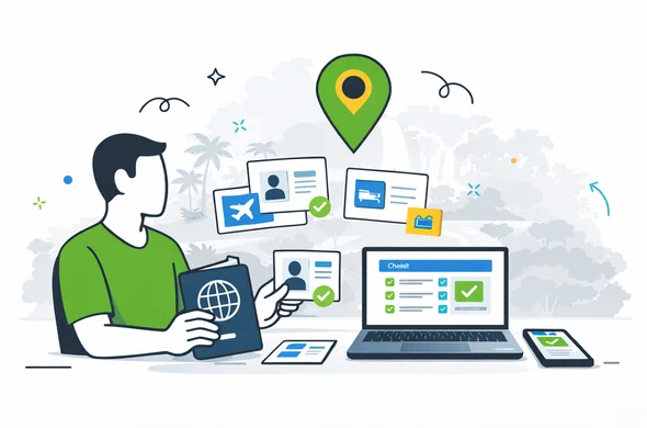 Semi-flat vector illustration, modern tech travel documentation scene. Faceless abstract traveler organizes passport copy, photo, flight details, accommodation note, and digital checklist for Uganda eVisa on a desk with laptop and phone. Deep blue and turquoise primary palette with vivid green destination accent. Calm, efficient, trustworthy atmosphere. Minimal white and pale grey background with faint outline of tropical landscape and subtle Murchison Falls silhouette. Clean lines, no photorealism, modern SaaS style. Semi-flat vector illustration, modern tech travel documentation scene. Faceless abstract traveler organizes passport copy, photo, flight details, accommodation note, and digital checklist for Uganda eVisa on a desk with laptop and phone. Deep blue and turquoise primary palette with vivid green destination accent. Calm, efficient, trustworthy atmosphere. Minimal white and pale grey background with faint outline of tropical landscape and subtle Murchison Falls silhouette. Clean lines, no photorealism, modern SaaS style.