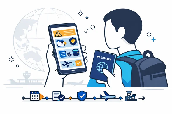 Flat vector illustration, modern tech isometric style. A faceless abstract traveler holds a passport and a smartphone. The smartphone shows a visa checklist dashboard with a passport expiry countdown, visa validity window, and flight dates. A clean timeline bar includes checkpoints: passport renewal, visa submission, approval, check-in, border control. Icons: calendar, shield, database, airplane, checkmarks, warning triangle. Primary colors deep blue and turquoise with warm yellow accent highlights. Minimal white and light grey background with a faint globe outline and subtle airport runway silhouette. Clean lines, calm organized atmosphere, no photorealism, no readable text, high resolution, 16:9.