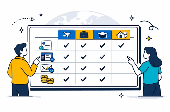 Semi-flat vector illustration, clean modern UI dashboard style. A comparison table interface showing different visa purposes (tourism, business, study, family) and required financial proof icons: bank statements, payslips, sponsor letter, savings. Primary deep blue and turquoise, HUB accent golden yellow for highlights and tabs. Abstract faceless characters pointing at the dashboard on a large screen. Minimal white/grey background with a faint globe/world map silhouette. Calm, organized, efficient, not photorealistic, no text, no logos. Semi-flat vector illustration, clean modern UI dashboard style. A comparison table interface showing different visa purposes (tourism, business, study, family) and required financial proof icons: bank statements, payslips, sponsor letter, savings. Primary deep blue and turquoise, HUB accent golden yellow for highlights and tabs. Abstract faceless characters pointing at the dashboard on a large screen. Minimal white/grey background with a faint globe/world map silhouette. Calm, organized, efficient, not photorealistic, no text, no logos.