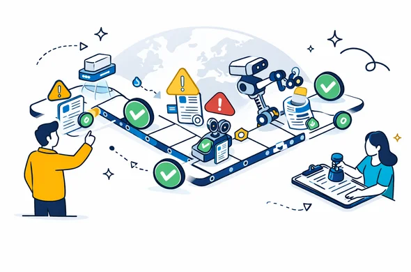 Flat vector illustration, isometric workflow pipeline. Abstract faceless characters and robotic automation elements reviewing and validating visa financial documents: scanning PDFs, checkmarks, anomaly detection icons, and a human expert approving with a stamp. Primary deep blue and turquoise, HUB accent golden yellow for key checkpoints. Minimal white/grey background with a faint globe/world map silhouette. Calm, safe, efficient atmosphere. Not photorealistic, no text, no logos. Flat vector illustration, isometric workflow pipeline. Abstract faceless characters and robotic automation elements reviewing and validating visa financial documents: scanning PDFs, checkmarks, anomaly detection icons, and a human expert approving with a stamp. Primary deep blue and turquoise, HUB accent golden yellow for key checkpoints. Minimal white/grey background with a faint globe/world map silhouette. Calm, safe, efficient atmosphere. Not photorealistic, no text, no logos.