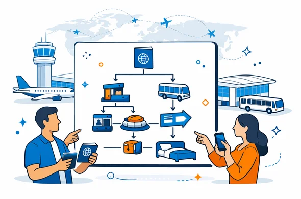 Flat or semi-flat vector illustration with clean lines and a modern tech feel, isometric airport hub scene. A large floating UI panel in the center shows a decision tree for transit visa checks using simple icons: passport, border control booth, baggage carousel, terminal shuttle, airport change sign, and hotel bed. Abstract faceless characters with neutral skin tones hold passports and smartphones and point at the flowchart. Deep blue and turquoise primary palette with warm amber accents. Calm, organized, safe atmosphere. Minimalist white and light grey background with a faint outline silhouette of an airport control tower and a world map with connecting flight arcs. No readable text, no logos, not photorealistic, crisp vector look, high resolution Flat or semi-flat vector illustration with clean lines and a modern tech feel, isometric airport hub scene. A large floating UI panel in the center shows a decision tree for transit visa checks using simple icons: passport, border control booth, baggage carousel, terminal shuttle, airport change sign, and hotel bed. Abstract faceless characters with neutral skin tones hold passports and smartphones and point at the flowchart. Deep blue and turquoise primary palette with warm amber accents. Calm, organized, safe atmosphere. Minimalist white and light grey background with a faint outline silhouette of an airport control tower and a world map with connecting flight arcs. No readable text, no logos, not photorealistic, crisp vector look, high resolution
