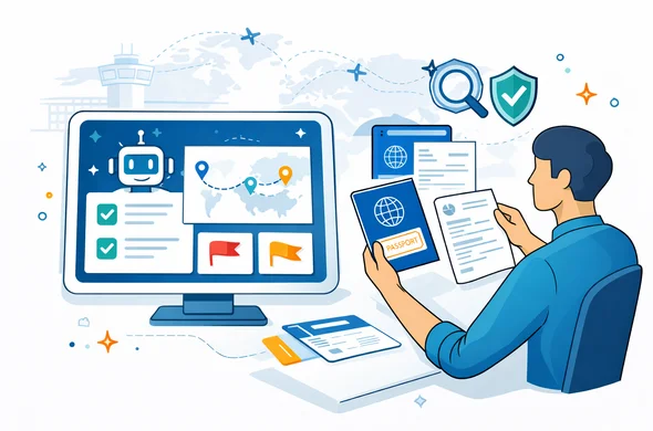 Flat modern tech vector illustration, isometric workflow of transit and visa verification in a digital visa office. On the left, an AI dashboard shows a route map with nodes, checklist tiles, and risk flag icons. On the right, a human expert reviews a passport and itinerary with a magnifier icon and a security shield icon to represent human verification and safety. Abstract faceless characters with neutral skin tones. Deep blue and turquoise primary palette with warm amber accent. Calm organized safe atmosphere. Minimalist white and light grey background with faint silhouette of a global airport hub network and an airport control tower. No readable text, no logos, not photorealistic, crisp vector look, high resolution Flat modern tech vector illustration, isometric workflow of transit and visa verification in a digital visa office. On the left, an AI dashboard shows a route map with nodes, checklist tiles, and risk flag icons. On the right, a human expert reviews a passport and itinerary with a magnifier icon and a security shield icon to represent human verification and safety. Abstract faceless characters with neutral skin tones. Deep blue and turquoise primary palette with warm amber accent. Calm organized safe atmosphere. Minimalist white and light grey background with faint silhouette of a global airport hub network and an airport control tower. No readable text, no logos, not photorealistic, crisp vector look, high resolution