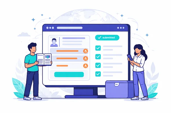 Flat or semi-flat vector illustration, clean lines, modern tech feel, isometric 2.5D. Primary palette deep blue and turquoise (Aid-Air brand) with a vibrant purple accent to represent a global hub category. Abstract faceless characters with neutral skin tones, one holding a passport and another holding a smartphone. A large dashboard screen shows a visa application form with highlighted fields, small warning icons, a submitted status badge, and a checklist sidebar with checkmarks. Minimal white and light-grey background with a faint globe or world map outline. Calm, organized, efficient, safe atmosphere. Vector style, no photorealism, no readable text, no logos. Flat or semi-flat vector illustration, clean lines, modern tech feel, isometric 2.5D. Primary palette deep blue and turquoise (Aid-Air brand) with a vibrant purple accent to represent a global hub category. Abstract faceless characters with neutral skin tones, one holding a passport and another holding a smartphone. A large dashboard screen shows a visa application form with highlighted fields, small warning icons, a submitted status badge, and a checklist sidebar with checkmarks. Minimal white and light-grey background with a faint globe or world map outline. Calm, organized, efficient, safe atmosphere. Vector style, no photorealism, no readable text, no logos.