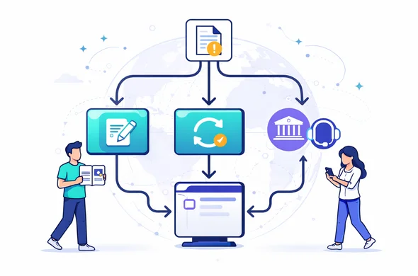 Flat vector illustration, clean lines, modern tech feel, 2D or isometric flowchart. Deep blue and turquoise primary palette with a purple accent. A clear three-branch decision flow: update inside the system, resubmit a new application, or contact the official authority. Use simple icons (pencil, circular arrow, government building or headset) instead of readable labels. Abstract faceless characters holding documents and a passport, moving calmly through the steps. Minimal white or light-grey background with a faint globe outline. Organized, trustworthy, efficient mood. Vector style, no photorealism, no readable text, no logos. Flat vector illustration, clean lines, modern tech feel, 2D or isometric flowchart. Deep blue and turquoise primary palette with a purple accent. A clear three-branch decision flow: update inside the system, resubmit a new application, or contact the official authority. Use simple icons (pencil, circular arrow, government building or headset) instead of readable labels. Abstract faceless characters holding documents and a passport, moving calmly through the steps. Minimal white or light-grey background with a faint globe outline. Organized, trustworthy, efficient mood. Vector style, no photorealism, no readable text, no logos.