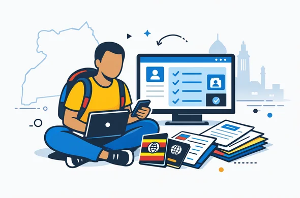Flat semi flat vector illustration, clean modern tech style, 2D with slight isometric perspective, deep blue and turquoise primary palette with Uganda accent colors of golden yellow, red and black, abstract faceless traveler sitting with laptop, passport, phone and organized documents, a simple online visa dashboard on screen, subtle outline of Uganda map and faint Kampala skyline silhouette in the background, calm efficient safe atmosphere, minimalist white and light gray background, crisp lines, no photorealism