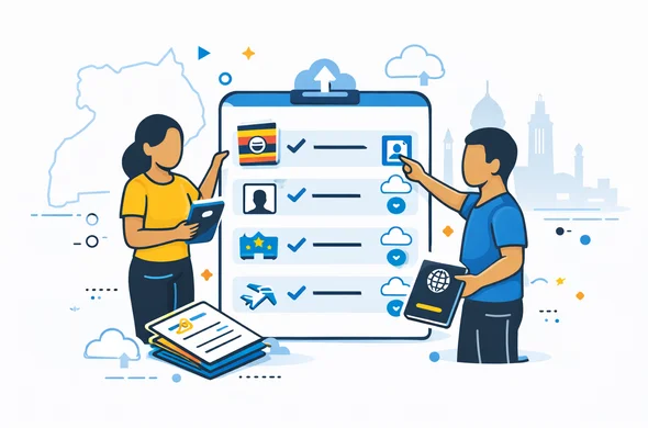 Flat or semi flat vector illustration, clean lines, modern tech feel, 2D infographic style, deep blue and turquoise main colors with Uganda accent colors of yellow, red and black, abstract faceless characters organizing passport, passport photo, hotel booking, flight details and supporting documents into a neat checklist, small upload icons and cloud symbols, faint outline of Uganda and subtle landmark silhouette in background, calm organized safe mood, minimalist white and gray background, no photorealism