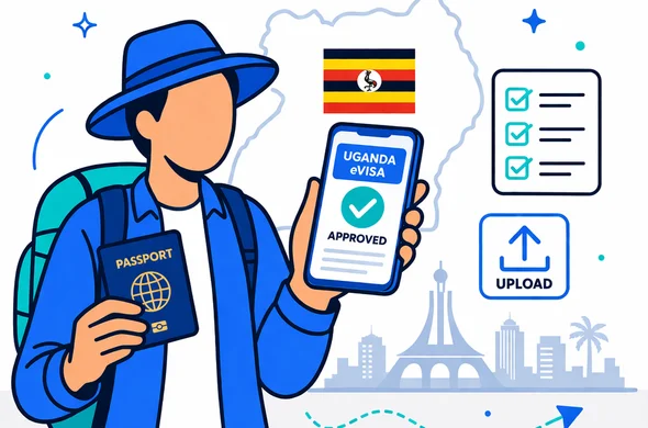 Flat or semi-flat vector illustration, clean lines, modern tech feel, 2D isometric style, deep blue and turquoise primary colors with Uganda accent colors yellow red and black, faceless abstract traveler holding a passport and a smartphone that displays a digital visa approval screen, small checklist and upload icons floating nearby, faint outline of Uganda and subtle Kampala skyline silhouette in the background, minimalist white and light grey background, calm organized efficient safe atmosphere, not photorealistic