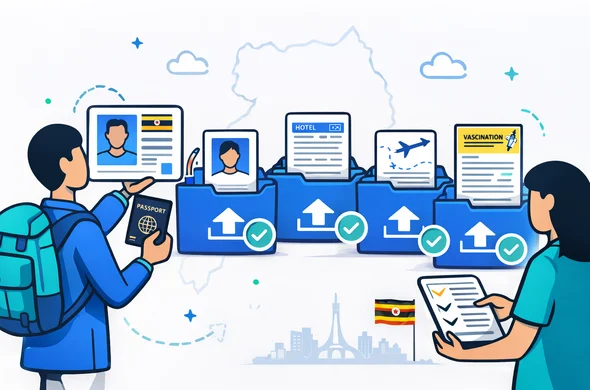 Flat or semi-flat vector illustration, clean lines, modern tech feel, 2D infographic style, deep blue and turquoise primary colors with Uganda accent colors yellow red and black, faceless abstract characters organizing passport bio page, passport photo, hotel booking, travel itinerary, invitation letter and vaccination certificate into neat digital upload folders, small cloud and checkmark icons, faint outline of Uganda in the background, minimalist white and grey background, calm organized efficient safe atmosphere, not photorealistic