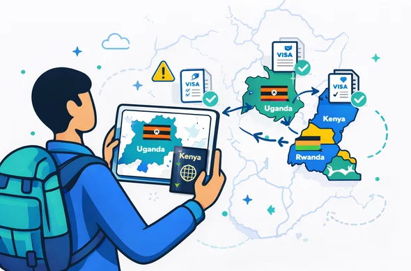 Flat or semi-flat vector illustration, clean lines, modern tech feel, 2D infographic style, deep blue and turquoise primary colors with Uganda accent colors yellow red and black, faceless abstract traveler comparing travel routes on a tablet map that highlights Uganda Kenya and Rwanda, digital visa icons, passport, arrows between destinations, small warning and checklist symbols, faint outline of East Africa in the background, minimalist white and grey background, calm organized efficient safe atmosphere, not photorealistic
