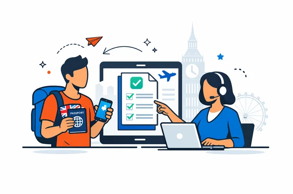 Flat or semi-flat vector illustration, clean lines, modern tech feel, 2D or light isometric style, deep blue and turquoise primary colors with United Kingdom accent red, abstract faceless traveler and digital assistant reviewing a passport, smartphone and online ETA application together, calm organized efficient safe atmosphere, minimalist white and light grey background, faint silhouette of Big Ben and London skyline, neutral skin tones, no text, no watermark, not photorealistic