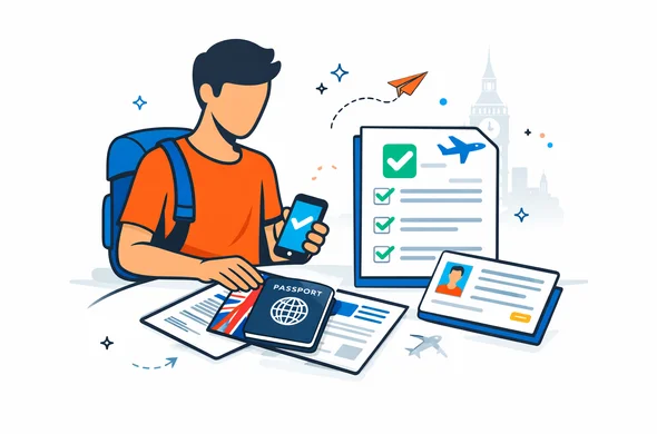 Flat or semi-flat vector illustration, clean lines, modern tech feel, 2D or light isometric style, deep blue and turquoise primary colors with United Kingdom accent red, abstract faceless traveler organizing passport, phone, digital checklist and neatly arranged travel documents for a UK ETA process, calm organized efficient safe atmosphere, minimalist white and light grey background, faint outline of Big Ben and subtle travel icons, neutral skin tones, no text, no watermark, not photorealistic