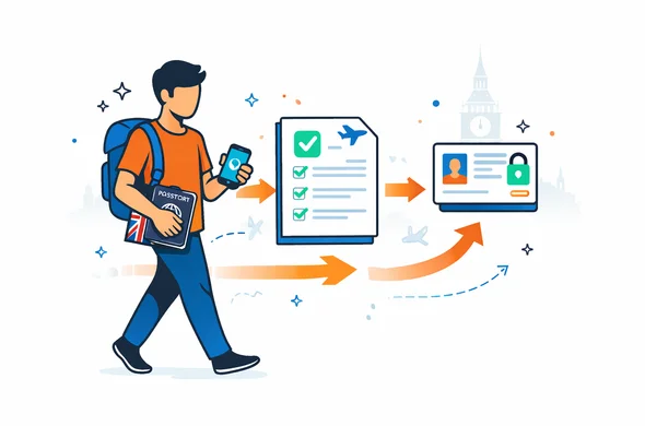 Flat or semi-flat vector illustration, clean lines, modern tech feel, 2D or light isometric style, deep blue and turquoise primary colors with United Kingdom accent red, abstract faceless traveler moving through a clear and organized digital ETA journey with passport, phone, checklist, guidance arrows and secure check icons, calm organized efficient safe atmosphere, minimalist white and light grey background, faint silhouette of Big Ben and London skyline, neutral skin tones, no text, no watermark, not photorealistic