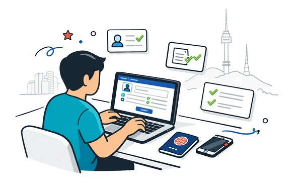 Flat or semi-flat vector illustration, clean lines, modern tech feel, 2D isometric scene, Aid-Air brand deep blue and turquoise primary colors with South Korea accent colors red and dark navy, faceless abstract traveler filling out a K-ETA application on a laptop, passport and smartphone on the desk, neat checklist cards floating nearby, calm organized efficient safe atmosphere, minimalist white and light grey background with a faint outline of the Seoul skyline and N Seoul Tower, no text, no logos, not photorealistic Flat or semi-flat vector illustration, clean lines, modern tech feel, 2D isometric scene, Aid-Air brand deep blue and turquoise primary colors with South Korea accent colors red and dark navy, faceless abstract traveler filling out a K-ETA application on a laptop, passport and smartphone on the desk, neat checklist cards floating nearby, calm organized efficient safe atmosphere, minimalist white and light grey background with a faint outline of the Seoul skyline and N Seoul Tower, no text, no logos, not photorealistic