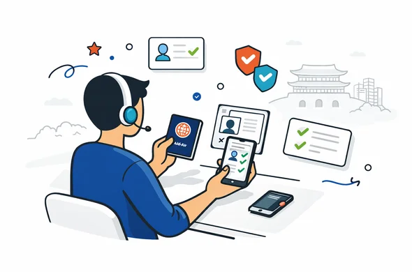 Flat or semi-flat vector illustration, clean lines, modern tech feel, 2D vector scene, deep blue and turquoise primary colors with South Korea accent colors red and dark navy, faceless abstract support specialist reviewing a passport, phone and digital checklist for a K-ETA submission, floating verification icons, calm organized efficient safe atmosphere, minimalist white and pale grey background with a faint outline of Gyeongbokgung Palace and Seoul city silhouette, no text, no logos, not photorealistic Flat or semi-flat vector illustration, clean lines, modern tech feel, 2D vector scene, deep blue and turquoise primary colors with South Korea accent colors red and dark navy, faceless abstract support specialist reviewing a passport, phone and digital checklist for a K-ETA submission, floating verification icons, calm organized efficient safe atmosphere, minimalist white and pale grey background with a faint outline of Gyeongbokgung Palace and Seoul city silhouette, no text, no logos, not photorealistic
