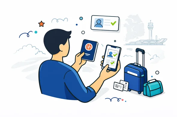Flat or semi-flat vector illustration, clean lines, modern tech feel, isometric travel scene, deep blue and turquoise primary colors with South Korea accent colors red and dark navy, faceless abstract traveler holding passport and smartphone with a digital travel authorization style approval card, luggage and small document icons nearby, calm organized efficient safe atmosphere, minimalist white and light grey background with a faint outline of Incheon Airport and a subtle South Korea map silhouette, no text, no logos, not photorealistic Flat or semi-flat vector illustration, clean lines, modern tech feel, isometric travel scene, deep blue and turquoise primary colors with South Korea accent colors red and dark navy, faceless abstract traveler holding passport and smartphone with a digital travel authorization style approval card, luggage and small document icons nearby, calm organized efficient safe atmosphere, minimalist white and light grey background with a faint outline of Incheon Airport and a subtle South Korea map silhouette, no text, no logos, not photorealistic