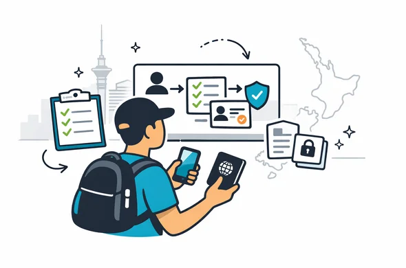 Flat or semi-flat vector illustration, clean lines, modern tech feel, 2D or light isometric scene, deep blue and turquoise primary colors with New Zealand accent colors fern green, black and silver. Abstract faceless traveler holding passport and smartphone while reviewing a digital NZeTA service flow, small checklist and secure document icons nearby, calm organized efficient safe atmosphere, minimalist white and light grey background with a faint Auckland skyline and subtle New Zealand map outline, no text, no logos, not photorealistic.