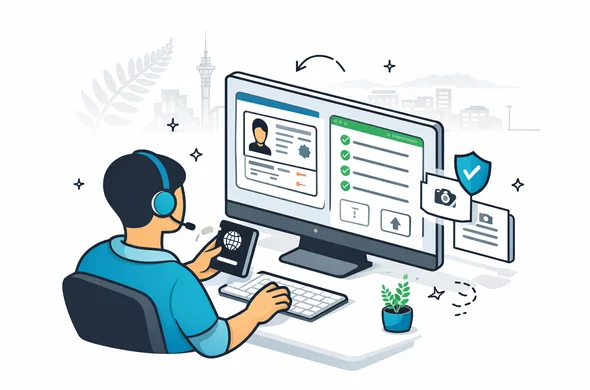 Flat or semi-flat vector illustration, clean lines, modern tech feel, isometric service workflow, deep blue and turquoise primary colors with New Zealand accent colors fern green, black and silver. Abstract faceless support specialist reviewing passport details, portrait photo, checklist panels and digital upload cards on a desktop screen for a New Zealand NZeTA request, calm organized efficient safe atmosphere, minimalist white and light grey background with a faint fern leaf and subtle Wellington skyline silhouette, no text, no logos, not photorealistic.