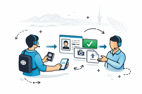 Flat or semi-flat vector illustration, clean lines, modern tech feel, 2D service-oriented composition, deep blue and turquoise primary colors with New Zealand accent colors fern green, black and silver. Abstract faceless traveler and digital support guide moving through a clear step-by-step NZeTA journey with passport, phone, approval card, upload icons and arrows, calm organized efficient safe atmosphere, minimalist white and light grey background with a faint New Zealand mountain outline and subtle Sky Tower silhouette, no text, no logos, not photorealistic.