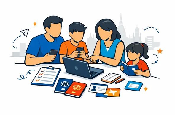 Flat or semi-flat vector illustration, clean lines, modern tech feel, isometric 2D scene. A family group preparing Thailand Digital Arrival Card information around a laptop and smartphones, with passports, travel notes, and checklist cards neatly organized on a table. Abstract faceless characters, neutral skin tones, calm and efficient atmosphere. Primary colors deep blue and turquoise with Thailand accent colors red and gold. Minimal white and light grey background with a faint silhouette of Bangkok temple rooftops and city skyline. No text, no logos, not photorealistic.