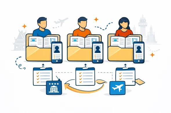 Flat or semi-flat vector illustration, clean lines, modern tech feel, 2D infographic style. Organized travel document workflow for multiple Thailand travelers, with separate folders for each person, passport pages, smartphone screens, checklist cards, and shared hotel and flight notes. Abstract faceless characters, neutral skin tones, calm and safe atmosphere. Primary colors deep blue and turquoise with Thailand accent colors red and gold. Minimal white and grey background with faint outline of a Thai temple and airport icons. No text, no logos, not photorealistic.