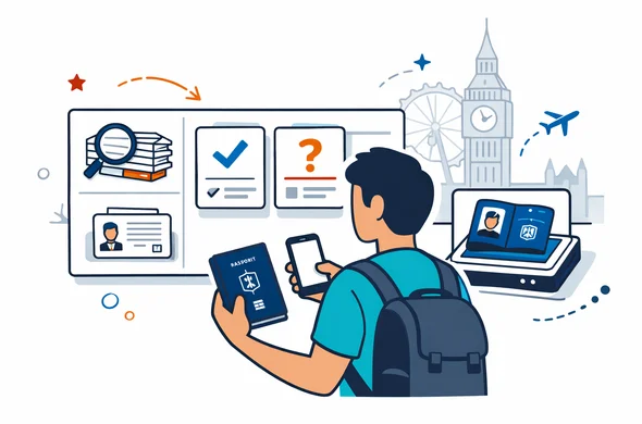 Flat or semi-flat vector illustration, clean lines, modern tech feel, isometric travel planning scene. Abstract faceless traveler with Israeli passport and smartphone reviewing UK entry options on a clean dashboard, with document icons, checklist cards, passport scan, and a subtle London skyline silhouette with Big Ben in the background. Deep blue and turquoise primary colors with England accent red and dark navy. Calm, organized, efficient, safe atmosphere. Minimal white and light grey background. No text, no logos, not photorealistic.
