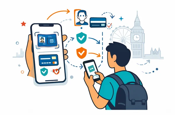 Flat or semi-flat vector illustration, clean lines, modern tech feel, 2D or light isometric digital application scene. Abstract faceless traveler completing a UK ETA style process on a smartphone with passport scan, face scan icon, payment card symbol, approval flow arrows, and security check marks. Deep blue and turquoise primary palette with England accent red and dark navy. Minimal white and light grey background with a faint London skyline silhouette. Calm, organized, efficient, safe atmosphere. No text, no logos, not photorealistic.