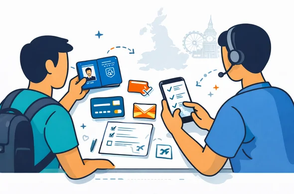 Flat or semi-flat vector illustration, clean lines, modern tech feel, organized document preparation scene. Abstract faceless traveler and support specialist arranging passport, smartphone, checklist, email icon, payment card, and travel notes on a clean desk interface, with a faint outline of the United Kingdom and London landmark silhouette. Deep blue and turquoise primary colors with England accent red and dark navy. Calm, safe, efficient atmosphere. Minimal white and light grey background. No text, no logos, not photorealistic.