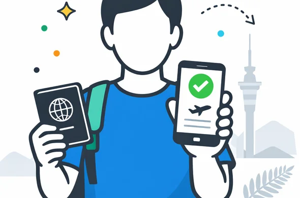 Flat or semi-flat vector illustration, clean lines, modern tech feel, 2D or light isometric scene. Abstract faceless traveler holding a passport and smartphone with a digital New Zealand travel authorization approval screen. Deep blue and turquoise primary palette with New Zealand accent colors fern green, black and white. Calm, organized, efficient, safe atmosphere. Minimal white and light grey background with a faint Auckland Sky Tower silhouette, gentle mountain outline and subtle silver fern motif. No text, no logos, no photorealism, no watermark. Flat or semi-flat vector illustration, clean lines, modern tech feel, 2D or light isometric scene. Abstract faceless traveler holding a passport and smartphone with a digital New Zealand travel authorization approval screen. Deep blue and turquoise primary palette with New Zealand accent colors fern green, black and white. Calm, organized, efficient, safe atmosphere. Minimal white and light grey background with a faint Auckland Sky Tower silhouette, gentle mountain outline and subtle silver fern motif. No text, no logos, no photorealism, no watermark.