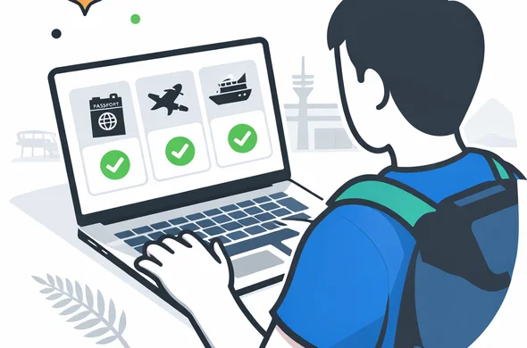 Flat or semi-flat vector illustration, clean lines, modern tech feel, isometric scene. Abstract faceless traveler comparing passport, visit, transit and cruise icons on a laptop eligibility screen for New Zealand travel authorization. Deep blue and turquoise primary palette with New Zealand accent colors fern green, black and white. Calm, organized, efficient, safe atmosphere. Minimal white and light grey background with a faint outline of Auckland Airport and distant New Zealand hills. No text, no logos, no photorealism, no watermark. Flat or semi-flat vector illustration, clean lines, modern tech feel, isometric scene. Abstract faceless traveler comparing passport, visit, transit and cruise icons on a laptop eligibility screen for New Zealand travel authorization. Deep blue and turquoise primary palette with New Zealand accent colors fern green, black and white. Calm, organized, efficient, safe atmosphere. Minimal white and light grey background with a faint outline of Auckland Airport and distant New Zealand hills. No text, no logos, no photorealism, no watermark.