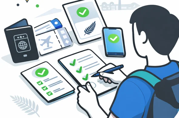 Flat or semi-flat vector illustration, clean lines, modern tech feel, isometric workflow scene. Abstract faceless traveler organizing passport, travel authorization confirmation, flight ticket, phone and checklist before a trip to New Zealand. Deep blue and turquoise primary palette with New Zealand accent colors fern green, black and white. Calm, organized, efficient, safe atmosphere. Minimal white and light grey background with a faint Auckland skyline and subtle silver fern details. No text, no logos, no photorealism, no watermark. Flat or semi-flat vector illustration, clean lines, modern tech feel, isometric workflow scene. Abstract faceless traveler organizing passport, travel authorization confirmation, flight ticket, phone and checklist before a trip to New Zealand. Deep blue and turquoise primary palette with New Zealand accent colors fern green, black and white. Calm, organized, efficient, safe atmosphere. Minimal white and light grey background with a faint Auckland skyline and subtle silver fern details. No text, no logos, no photorealism, no watermark.