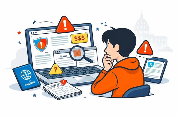 Flat or semi-flat vector illustration, clean lines, modern tech feel, isometric warning scene. Abstract faceless traveler looking at a suspicious ESTA service website with red warning icons, unclear pricing card, hidden terms panel, broken shield symbol, and passport data alert. Primary colors deep blue and turquoise with United States accent colors red and dark navy. Calm but cautious atmosphere, organized visual composition, minimalist white and light grey background with a faint U.S. Capitol silhouette. No text, no logos, no photorealism, no watermark.