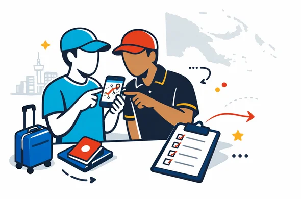 Flat or semi-flat vector illustration, clean lines, modern tech feel, isometric travel safety planning scene in Papua New Guinea. Abstract faceless traveler reviewing a route on a phone with a local driver and printed checklist, passport and small luggage visible, calm organized safe atmosphere. Primary colors deep blue and turquoise, with Papua New Guinea accent colors red, black and gold. Minimal white and light grey background with a faint Port Moresby skyline and Papua New Guinea map outline. No text, no logos, not photorealistic.