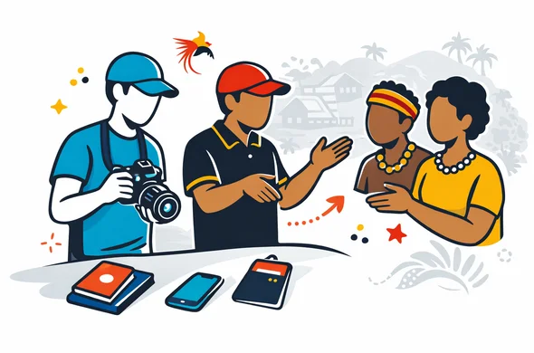 Flat or semi-flat vector illustration, clean lines, modern tech feel, 2D respectful travel photography scene in Papua New Guinea. Abstract faceless traveler lowering a camera while a local guide helps ask permission from community members, smartphone and passport visible, calm respectful organized atmosphere. Primary colors deep blue and turquoise with Papua New Guinea accent colors red, black and gold. Minimal white and light grey background with a faint village silhouette, tropical hills, and subtle bird-of-paradise motif. No text, no logos, not photorealistic.